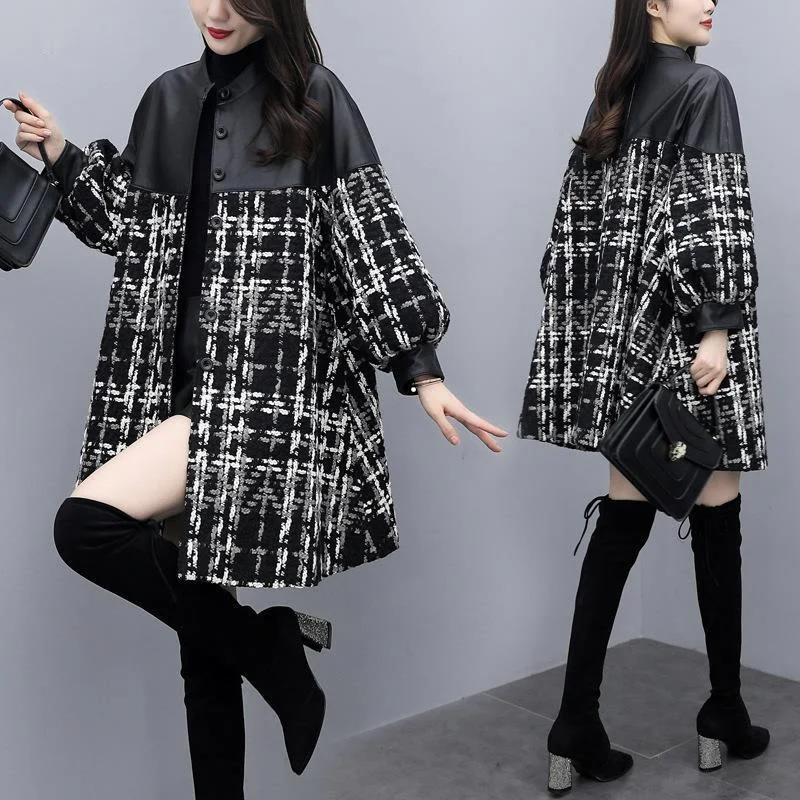 

Zoulv 2021 Winter Mid-Length Woolen Black and White Grid Coat for Women Large Size Loose Pu Stitching Tweed Checked Woolen Coat