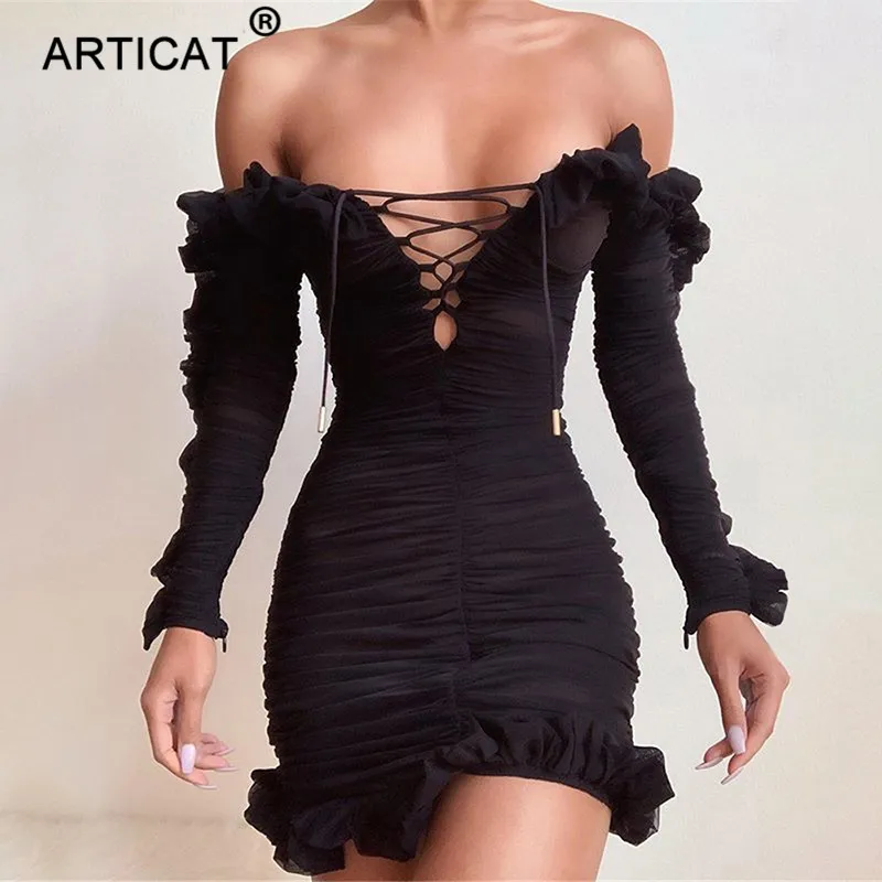 Articat сексуальное прозрачное платье с оборками и сеткой женское открытыми плечами