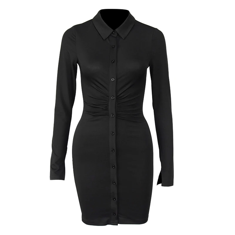

Split Stretch Slim Soft Ribbed Knitted Shirt Button Dress Woman Fashion Solid Black Casual Bodycon Dress 2021 Sexy Party Vestido
