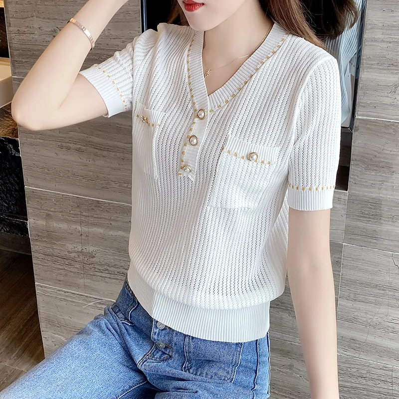

20616 (room 1, row 4, No.7 Middle) non real net red picture V-neck short sleeve knitted T-shirt [2000] 31