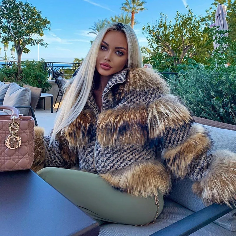 Женская Куртка Из Меха ЕнотТеплая ШерстянаяКороткая Молния Парка Натуральный