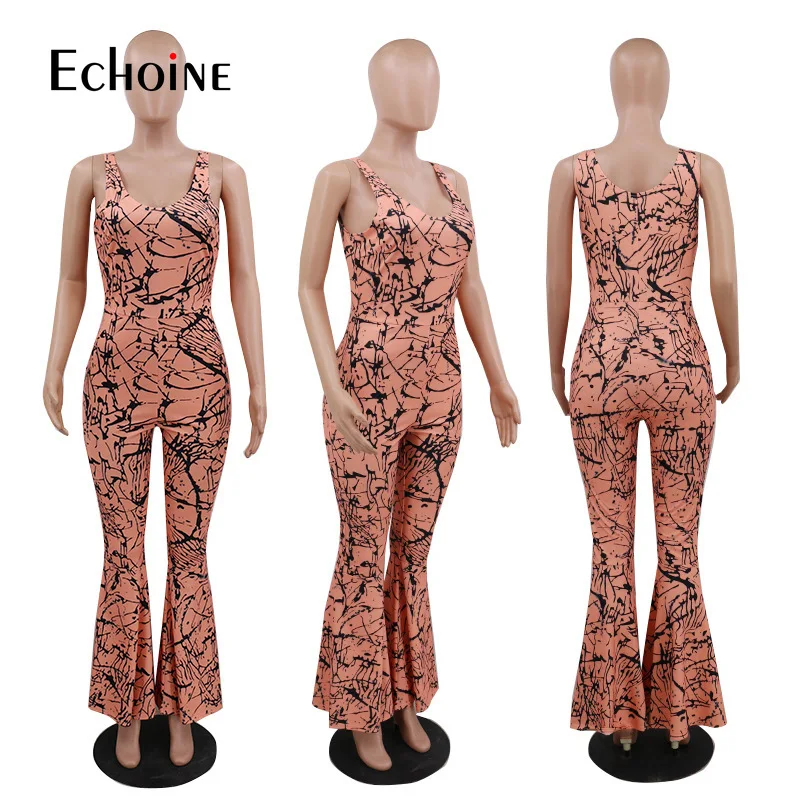 

Echoine 2020 Women tie-dye Print fashion Elegant Jumpsuits Street Backless Flare Rompers Sexy Night Club Party bodycon jumper