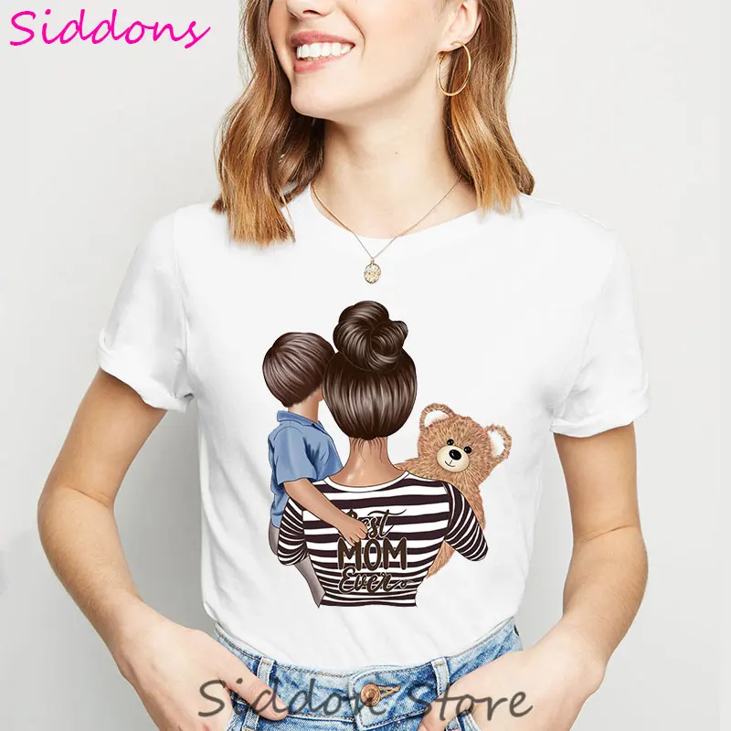 Женская футболка с коротким рукавом надписью Super Mom Hug Son Bear одежда для мам лето