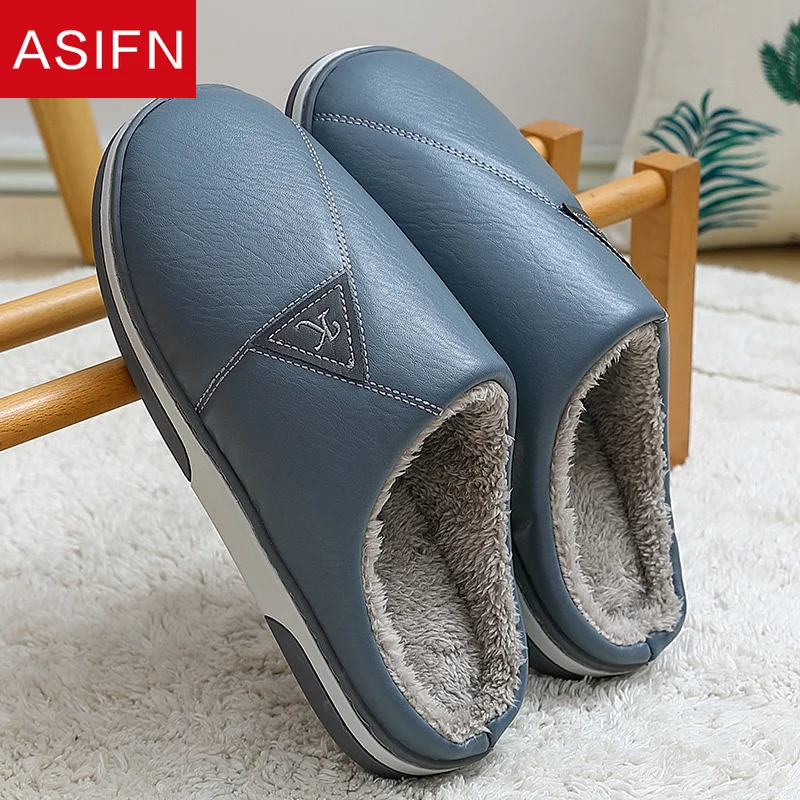 

ASIFN Waterproof Cotton Slippers Women's Winter New Indoor Couples Home Household Outdoor Wear Floor PU Slides Men's Big Size