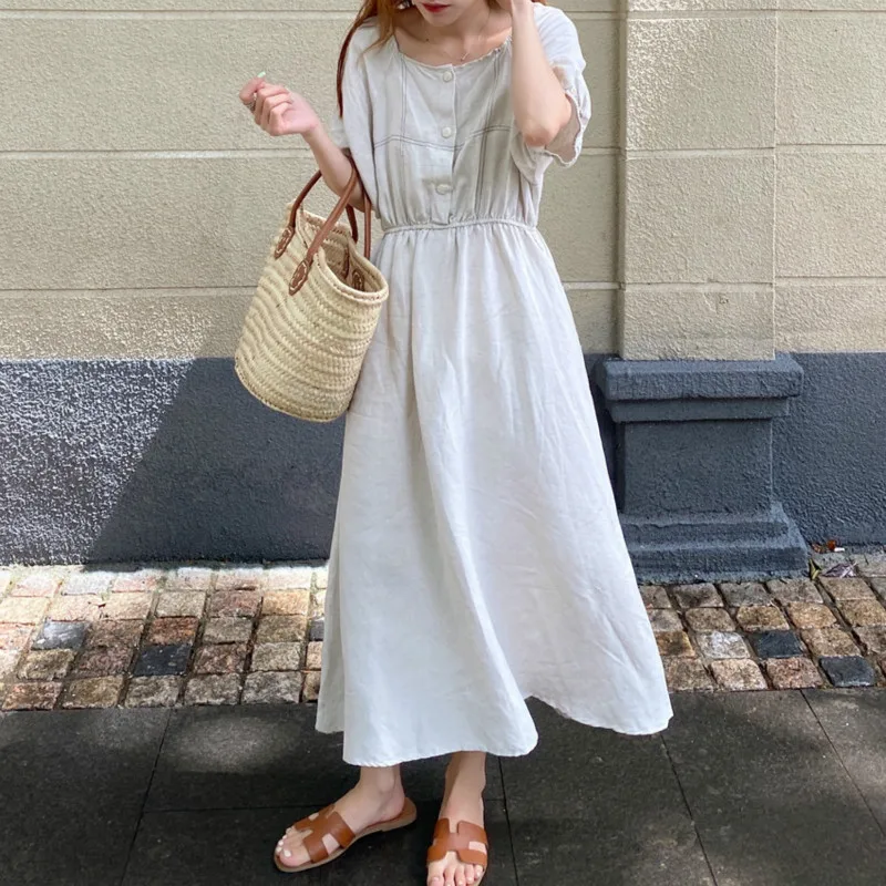 

Women Summer Vintage Square Collar Long Shirt Dress Elastic High Waist Large Hem Midi Dresses Revealed Thread