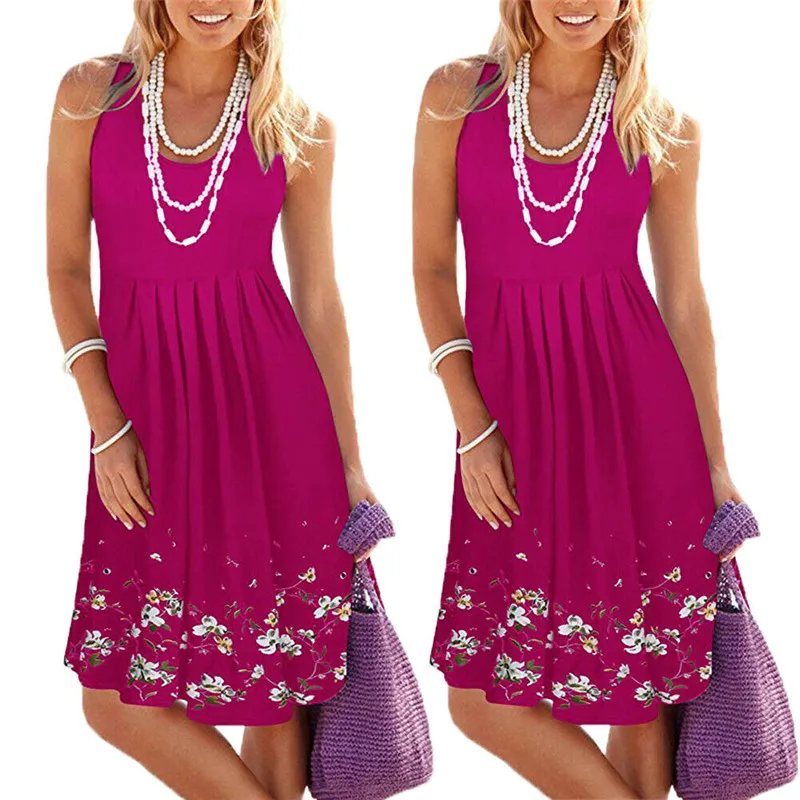 

Women O-Neck Sleeveless A-Line Swing Dress Casual Long Tunic Plus Size Empire Knee Length