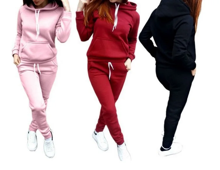 

2 PCS Women Autumn Long Suit Solid Fleece Pocket Hoodie + Drawstring Elastic Waist Pants Casual Thick Winter Sets S-5XL