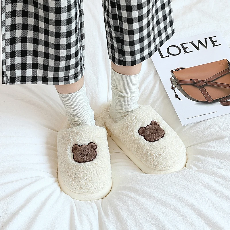 Women Men's Cotton Slippers Warm Indoor Cartoon Bear Furry Slides Plush EVA Thick Sole Fuzzy Home Flat  Anti-slip Ladies Shoes images - 6