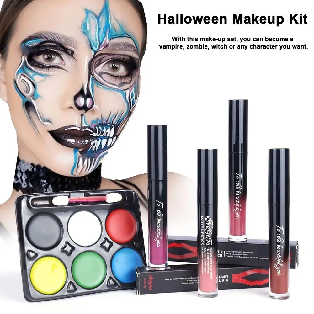 

Halloween Makeup Set Halloween Lip Gloss Face Paint Set Lasting Non-stick Cup Lip Glaze Face Paint Kit Halloween Party Tools
