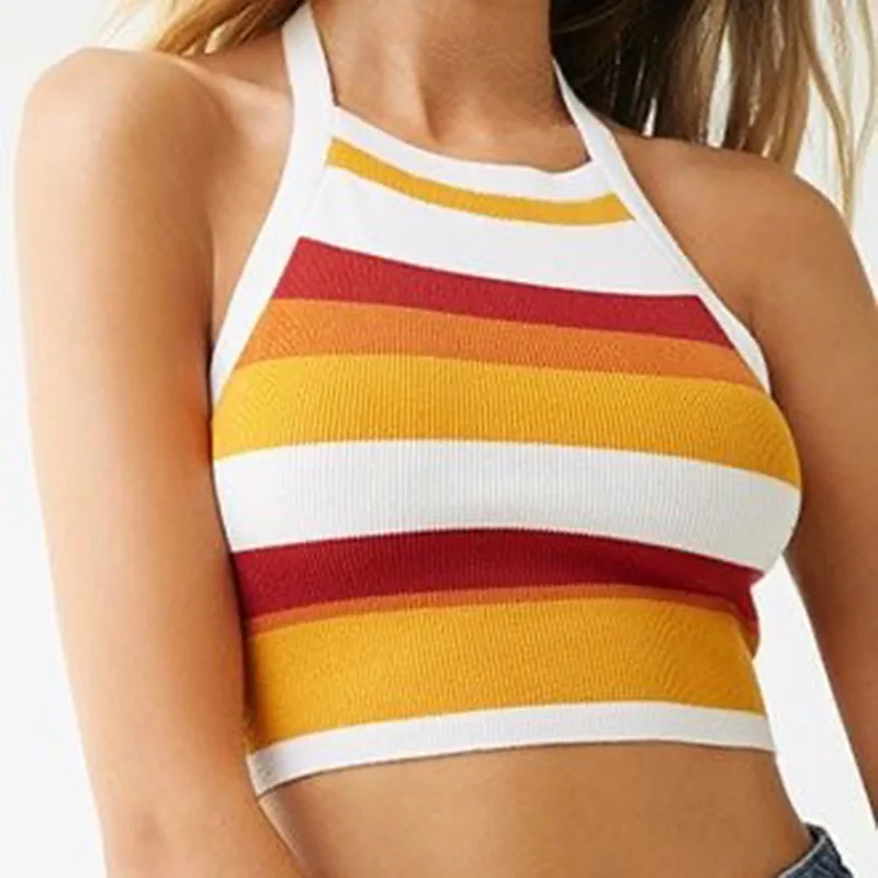 

Women's Sexy Rainbow Color Block Stripe Ribbed Knit Halter Camis 2021 Summer Sleeveless Crop Tank Tops Tunic Club Vest Camisole