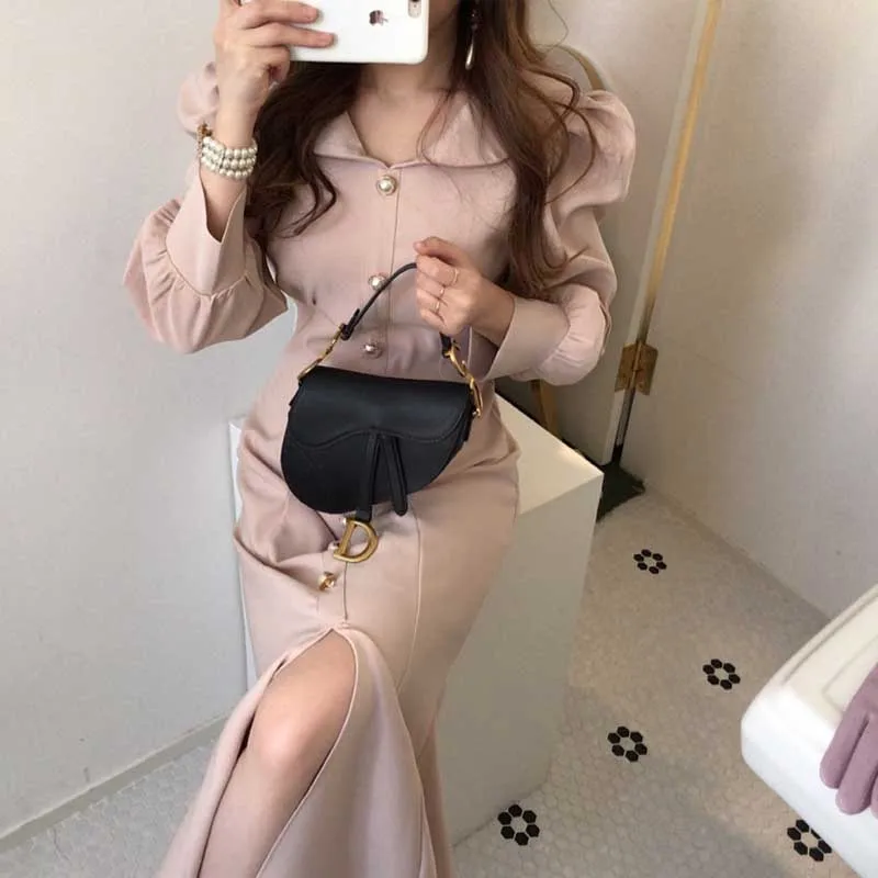 

One-Piece Dress Korean Women Elegant Office Party Dresses 2020 Spring Autumn Women'S Long Sleeve Hedging Dress Long Dress Lady