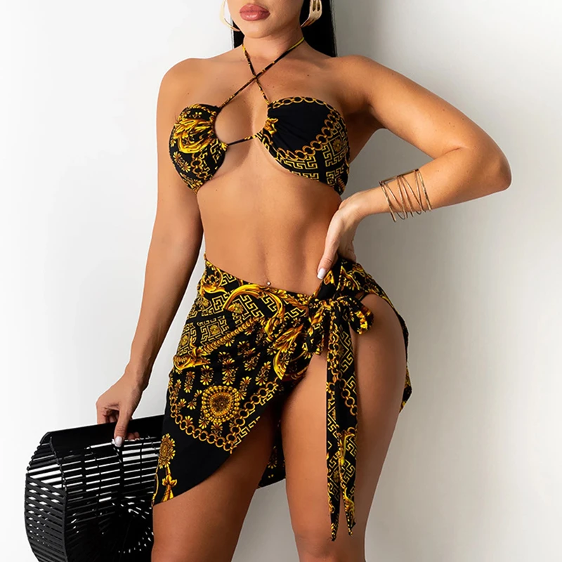 Women's Swimsuit 2021 New Retro Chain Print Sexy Three-piece Bikini Big Breasts Gathered Cross Strap Swimsuit Women