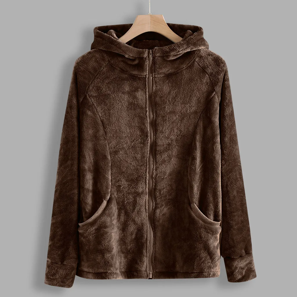 Осенне-зимние флисовые куртки с капюшоном женские повседневные однотонные