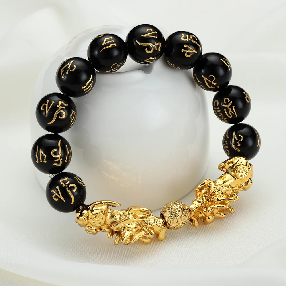 Унисекс Золотой Pixiu обсидиан браслет фэн шуй черный бисер сплав богатство