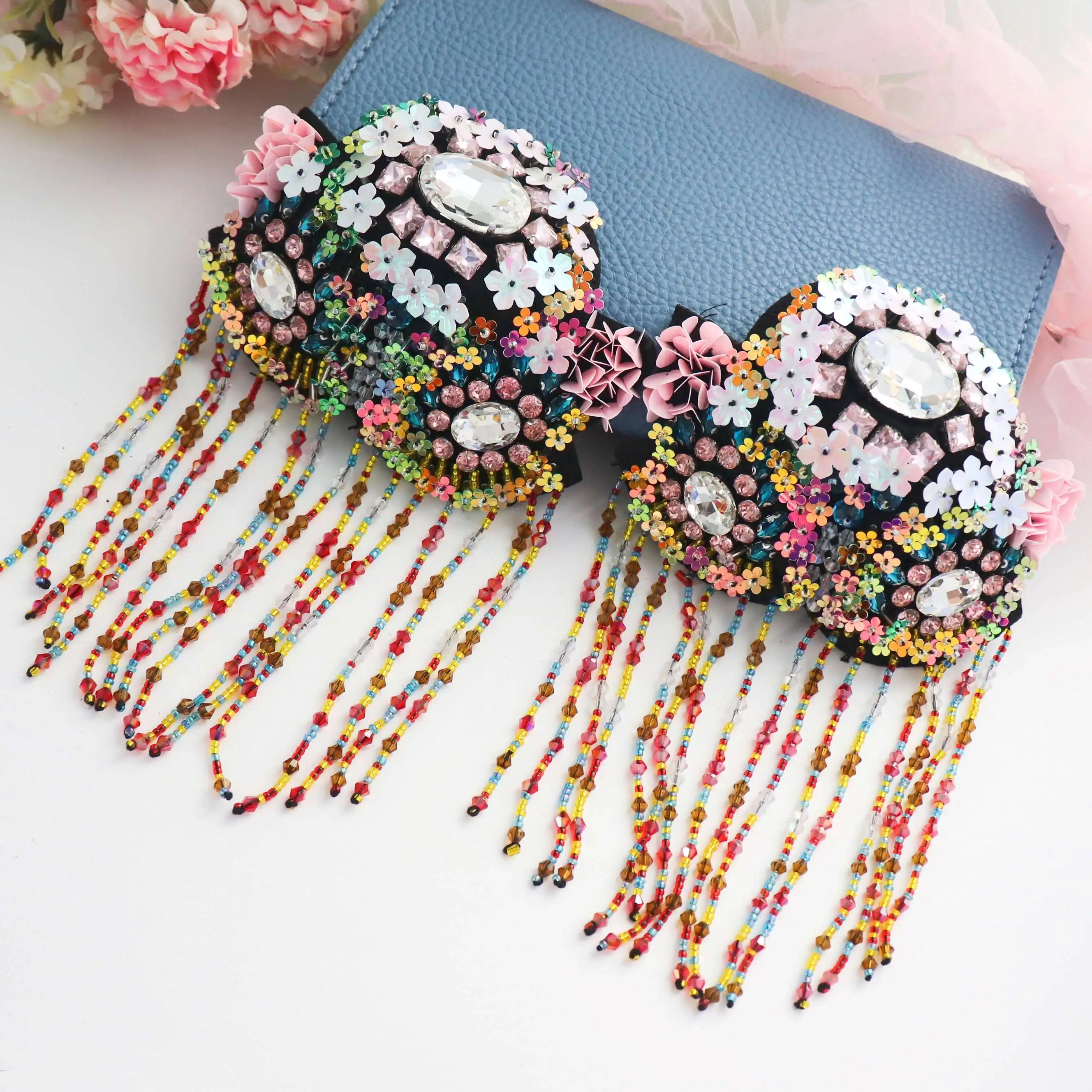 Heavy industry handmade beads colorful flowers tassel epaulets fur coat decoration cloth decals applique DIY accessories