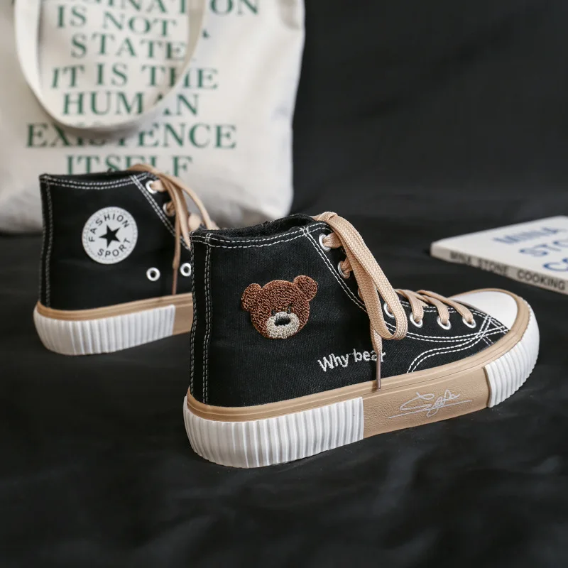 

2021 New Casual Shoes South Korean Version Bear High Top Canvas Shoes Vulcanized Shoes Single Shoes Small White Shoes Woman