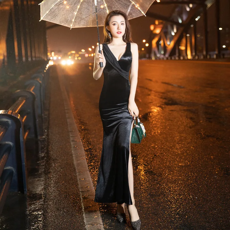 

Black Mermaid Evening Dress 2021 Sexy V Neck Robe Soiree Femme Longue High Split Royal Blue Dresses for Women Party Elegant