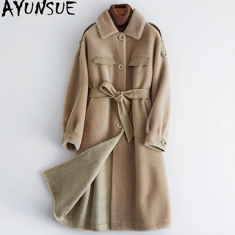 AYUNSUE/пальто из овечьей шерсти, зимнее пальто, женская одежда, Корейская длинная куртка, женская верхняя одежда с поясом, Manteau Femme MY