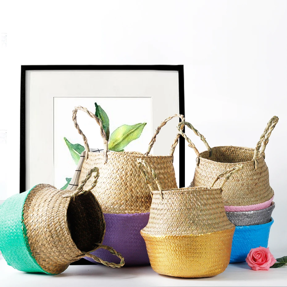 3 стиля водорослей ваза цветочный горшок корзина соломы ротанга завод хранения