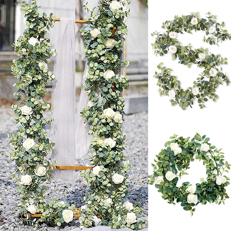 

Fake Flower Eucalyptus Garland with Camellias Artificial Flower Silk Rose Vine Decor Hanging Faux Leave Floral for Wedding 180cm