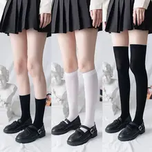 JK-calcetines largos hasta el muslo para mujer, medias hasta la rodilla de terciopelo negro y blanco, sólido alto, Kawaii, Cosplay, Sexy, de nailon