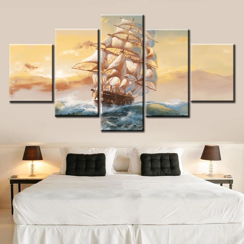 

5 Panels Ship Boats Sailing Canvas Painting Pictures Decoracion Canvas Oil Paintings Wall Art Pictures for Living Room Decor