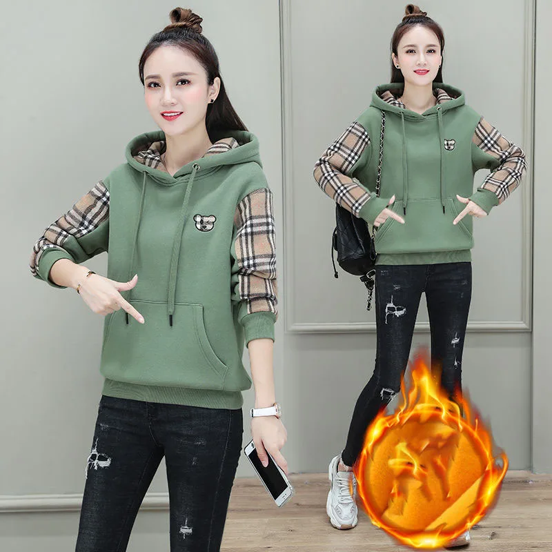 

Super Soft Inner Lining Tracksuit Women Loose Top Fashion Plaid Stitching Plus Velvet Thick Sweater Women's Autumn Hoodie
