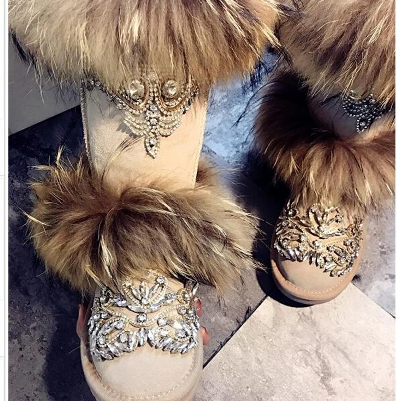 Warm home custom big fox fur crown jewel crystal handsome high tube leather European station snow boots star models | Обувь