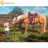 chenistory 5d diy diamond painting full drill square the little girl fed the horse diamond embroidery pictures of rhinestones
