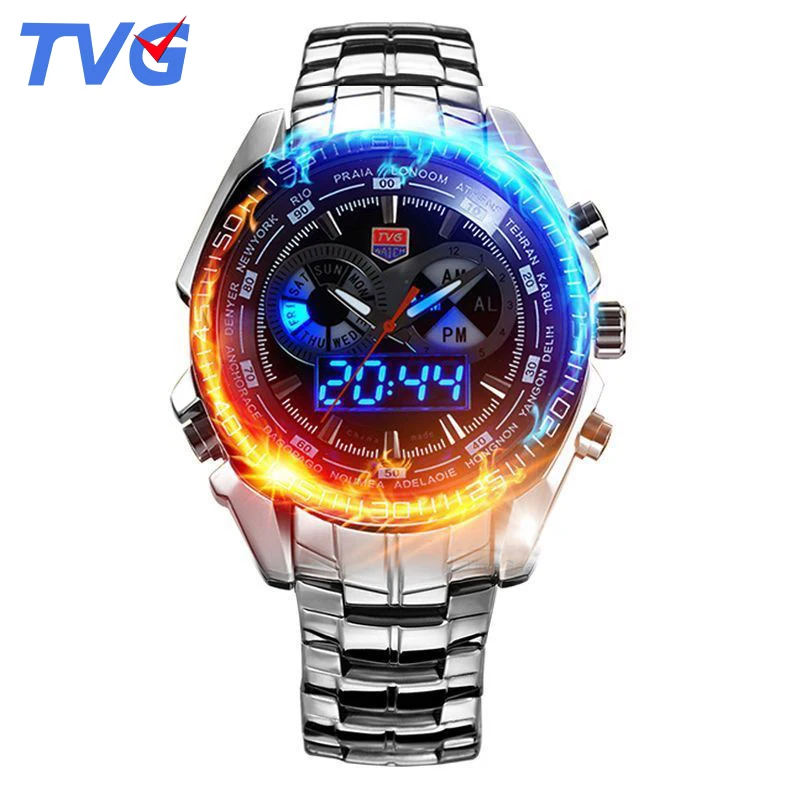 

Mens watches quartz Dual display movement watch TVG 468 Luxury Military Analog LED Sports Wristwatch stainless steel Clock men
