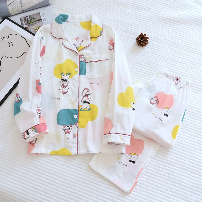 

Cute squirrel 100% gauze cotton pajamas sets women summer Japanese kawaii casual homewear long-sleeve women sleepwear
