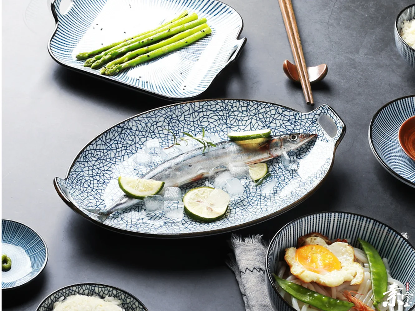 Японская домашняя керамическая тарелка в стиле ретро овальная посуда с двумя