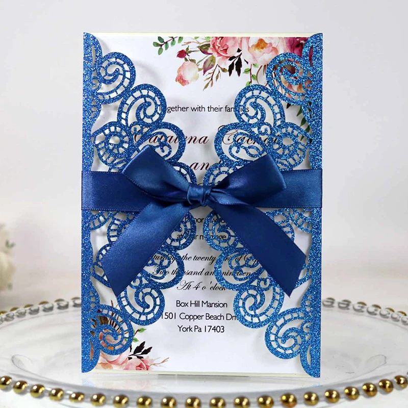 50 шт. блестящие бумажные Пригласительные открытки с лентой лазерной резкой