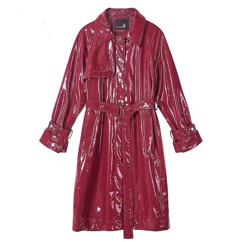 

England locomotive style glossy shiny patent leather jacket female streetstyle great quality longer leather jackets F1029