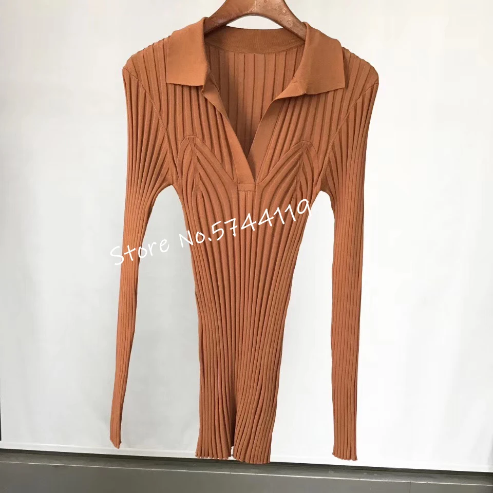 

Deep V collar women knitted sweater rib slim fit knitted bottoming shirt tops