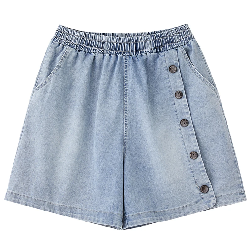 

Women's Shorts Denim Summer Washed Button Elastic Waist Thin Simple Blue Loose Literary Comfortable Female Wide Leg Half Pants
