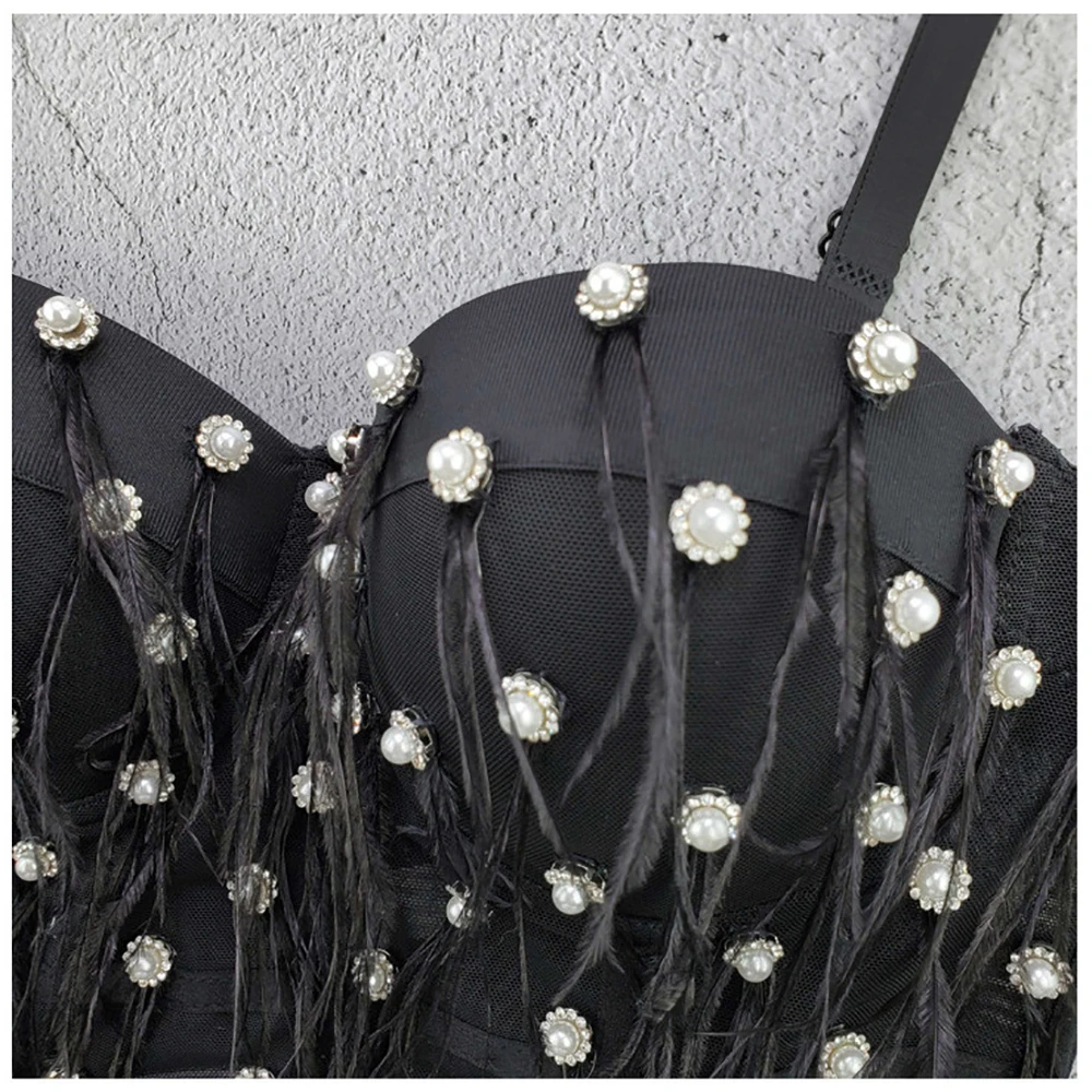 Atoshare Casual Outfits Pearl Rhinestone Feather Top Women White Mesh Corset Sexy Crop Top Mujer 2021
