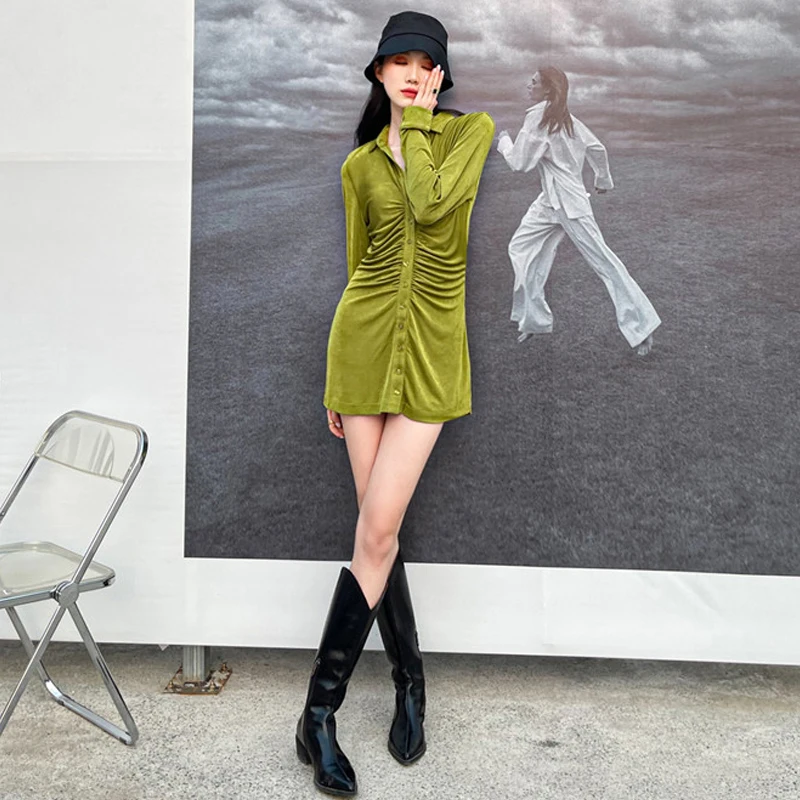 

Spring Autumn Women Pleated Turn-Down Collar Button Dress Sexy Long Sleeve Mini Dresses 2021 Female Slim Party Vestidos