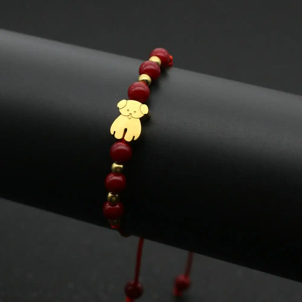 Red and Gold Милые Браслеты из нержавеющей стали с медведем для мужчин и женщин натуральный камень ручной работы бисерная нить тесьма браслет дружбы пара ювелирных изделий - Окраска металла: Red and Gold