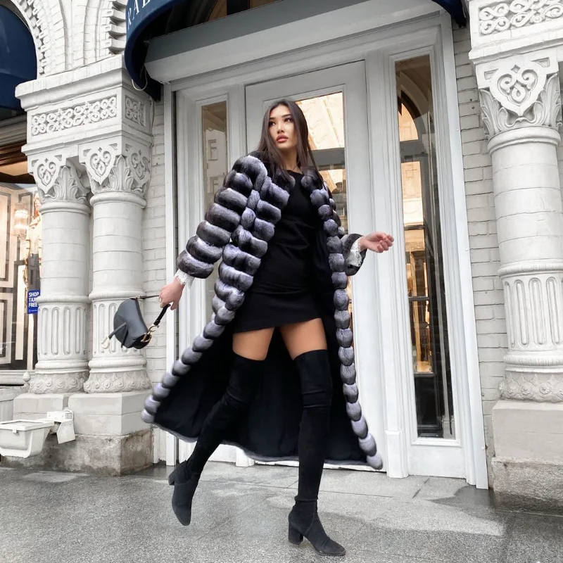 Enlarge TOPFUR New 2021 Hot Sale Chinchilla Color Genuine Real Rex Rabbit Fur Natural Fur Coat Women Winter Thick Warm Elegant Overcoat