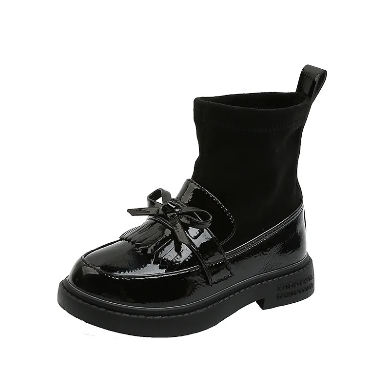 

Baby Girl Plush Knitted Shoe Mouth Martin Boots Children's Black Waterproof Platform Princess Shoes School Dress Leather Shoes