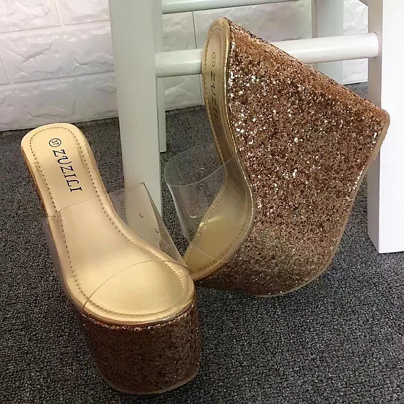 

2021 gold silver sandal super high heel thick heel slope thick sole shoes waterproof platform fish mouth women's slippers 17cm