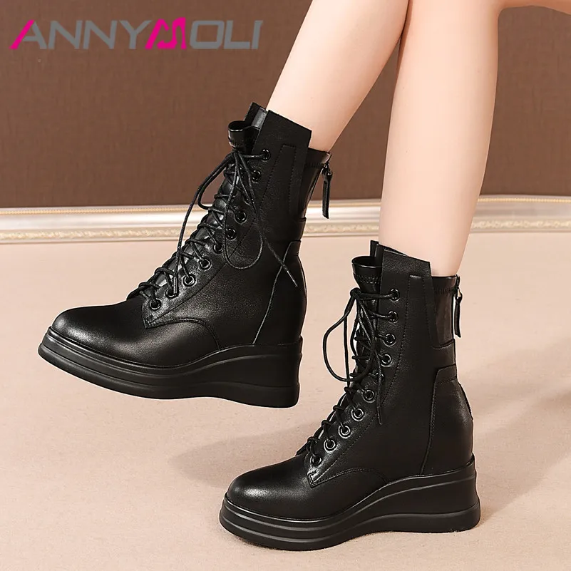 

Ботинки женские из натуральной кожи на платформе, до середины икры