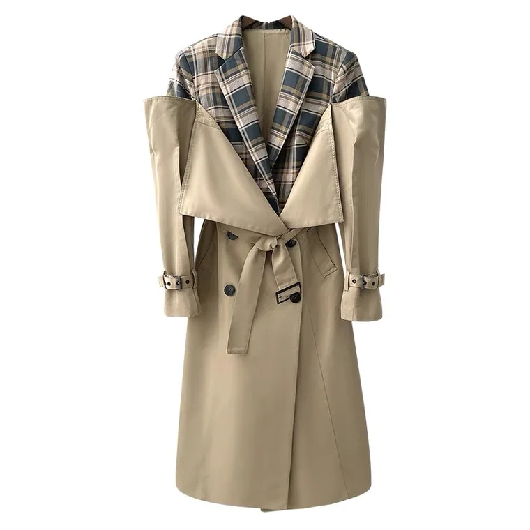 

SuperAen 2021 ветровка в Корейском стиле высокое качество плед двубортный Офисные женские туфли цвета хаки длинные пальто для женщин