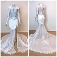 sexy split side evening dresses high neck lace appliques hollow out long sleeves mermaid prom dress long party gowns