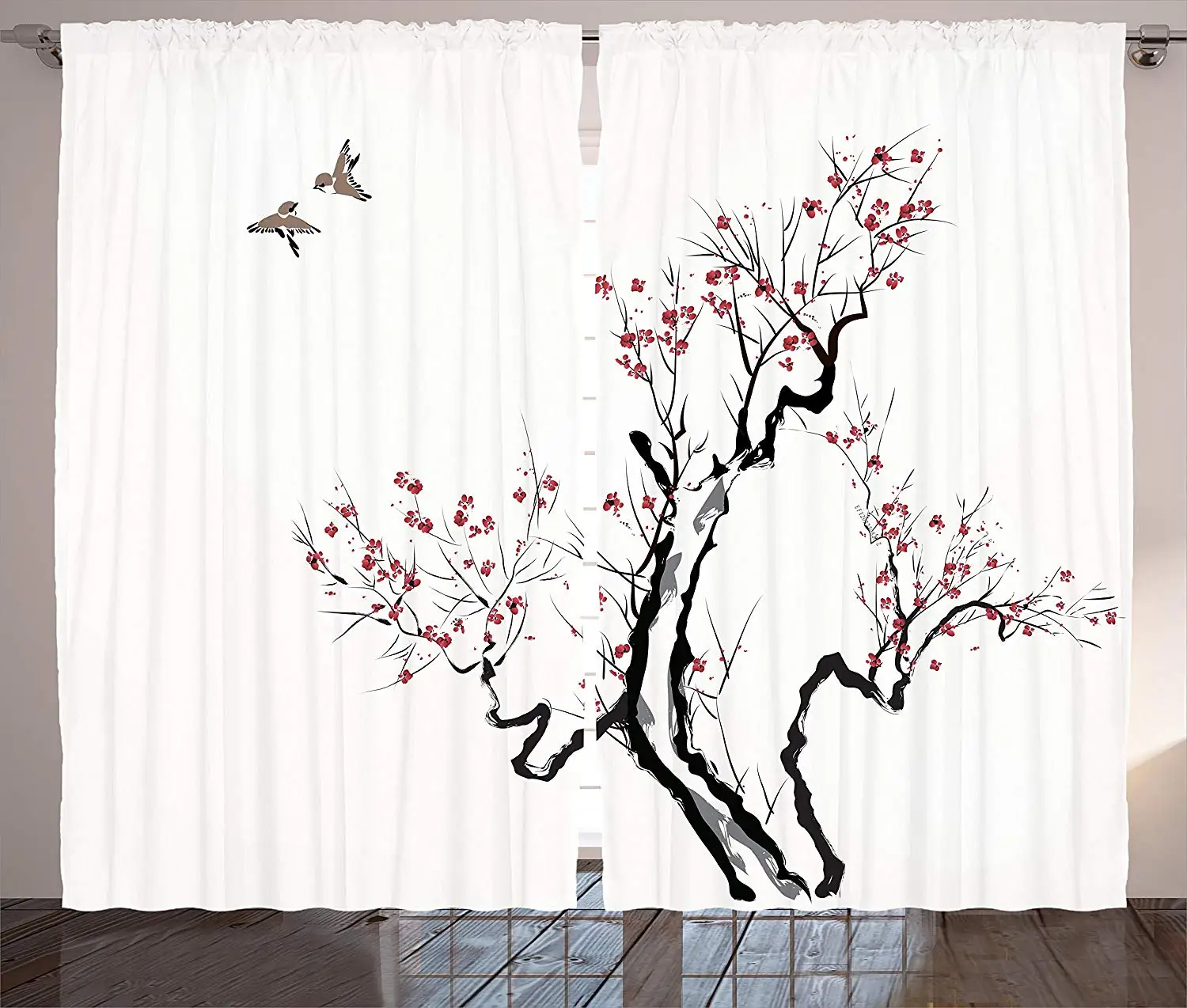 Japanese Curtains Classic Asian Painting Style Art of Flower Branches Blossom and Flying Birds Pattern Living Room Bedroom