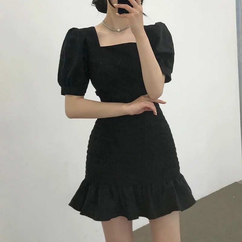 

Rapcopter Ruffles Mini Dress Black Backless Tie Up Short Dress Short Sleeve Ruched Slim Sundress Women Korean Style Streetwear