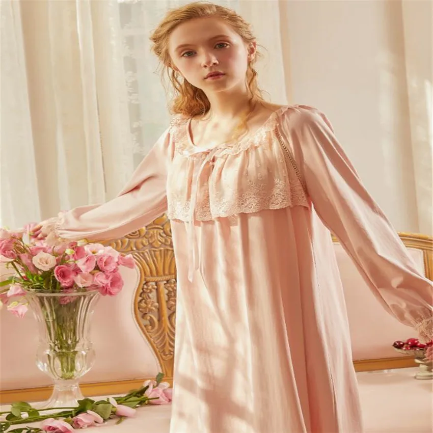 

Новинка Осень 2020, вязаное хлопковое платье с длинными рукавами в стиле принцессы для сна, кружевная длинная свободная Удобная ночная рубашк...