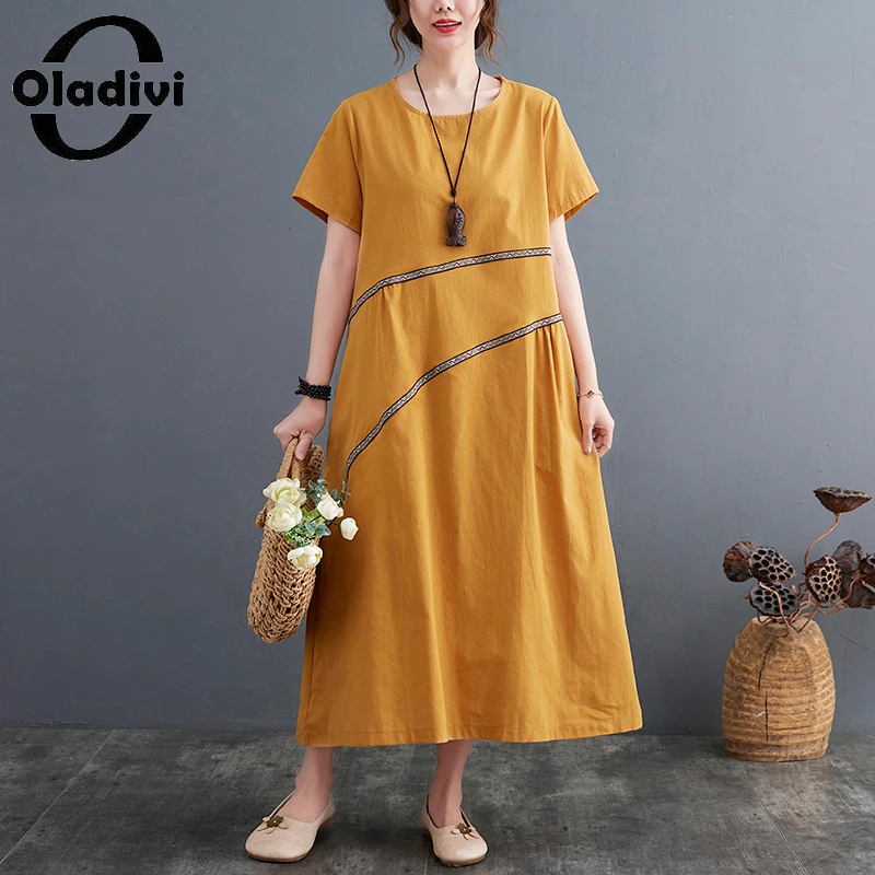 

Женское свободное платье Oladivi, из хлопка и льна, с коротким рукавом, большого размера, на возраст 40, 50, 60 лет, лето 2021