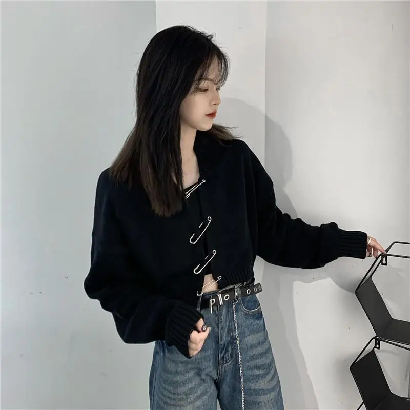 

Female Sweaters Spring Autumn Pin Open Stitch Solid Vintage Style Cardigan Black Women's Clothing Moda Feminina Ladies Tops 2021